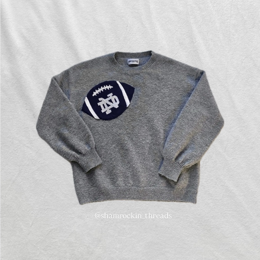 gray white navy blue Notre Dame patchwork sweater